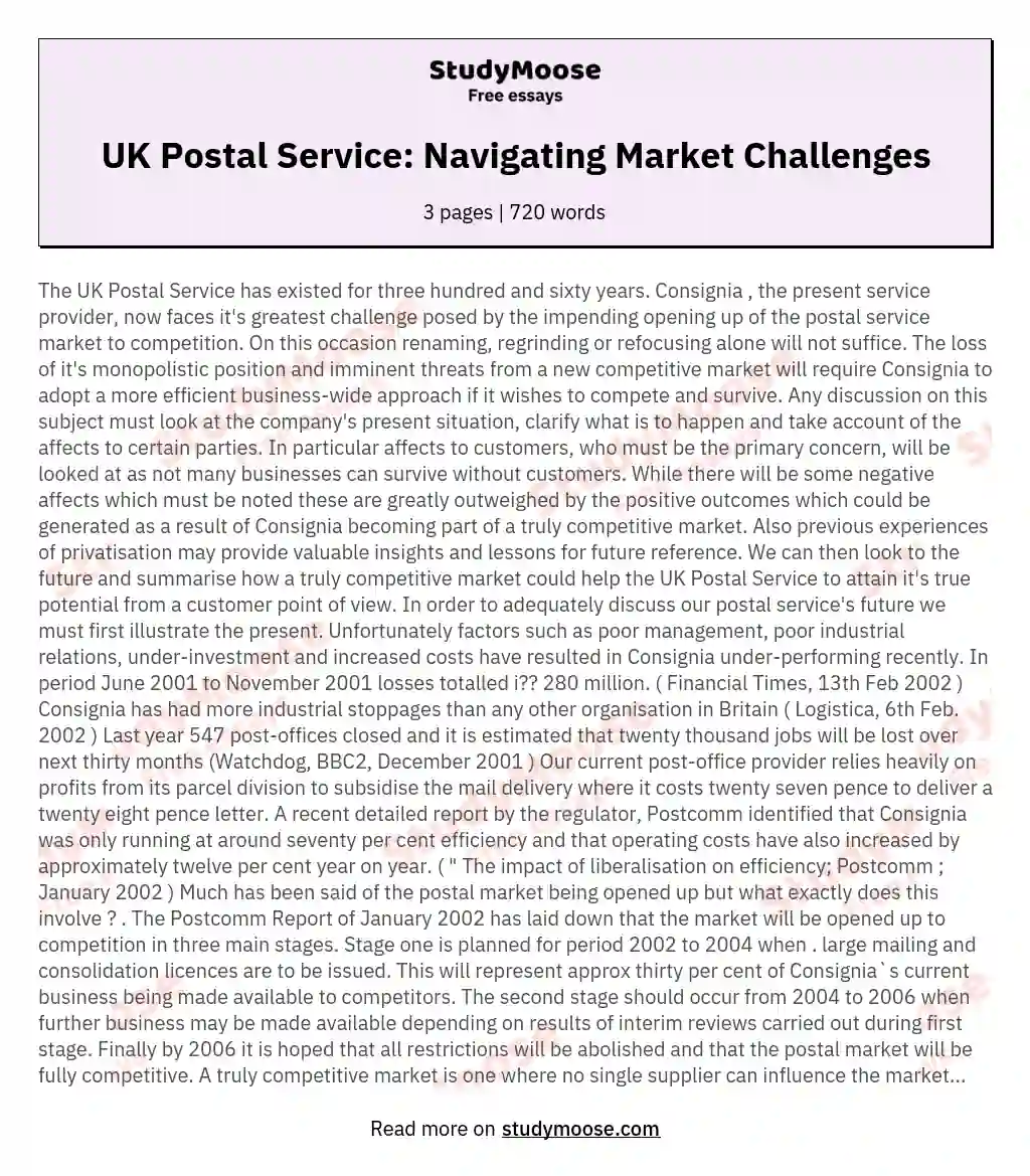 UK Postal Service: Navigating Market Challenges essay
