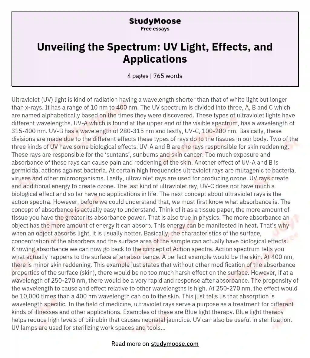 Unveiling the Spectrum: UV Light, Effects, and Applications essay