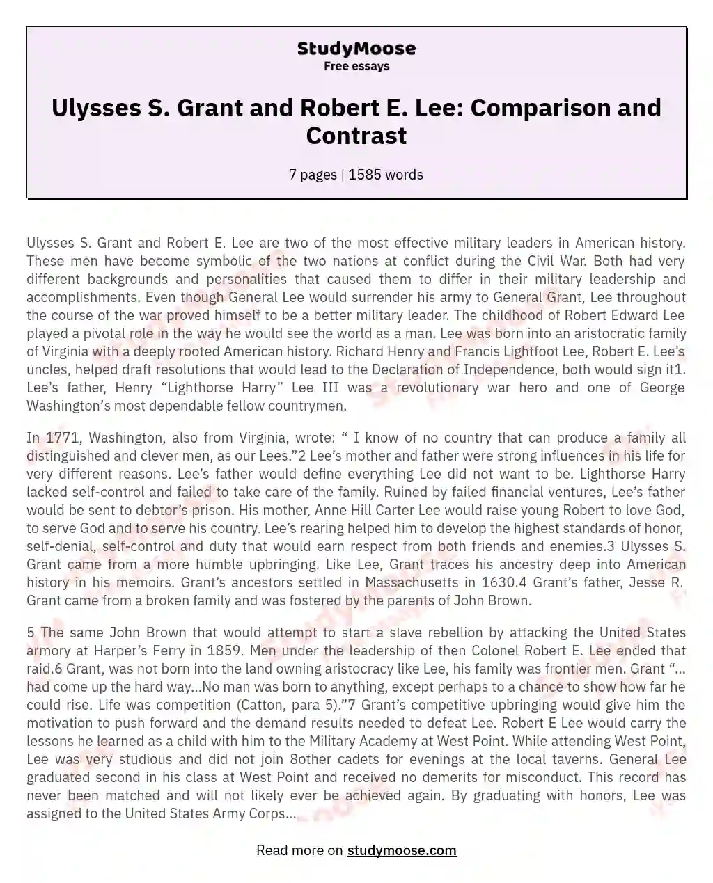 Ulysses S. Grant and Robert E. Lee: Comparison and Contrast