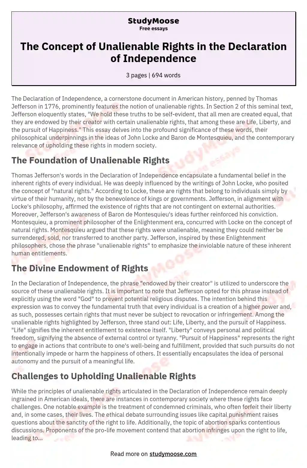 The Concept of Unalienable Rights in the Declaration of Independence essay