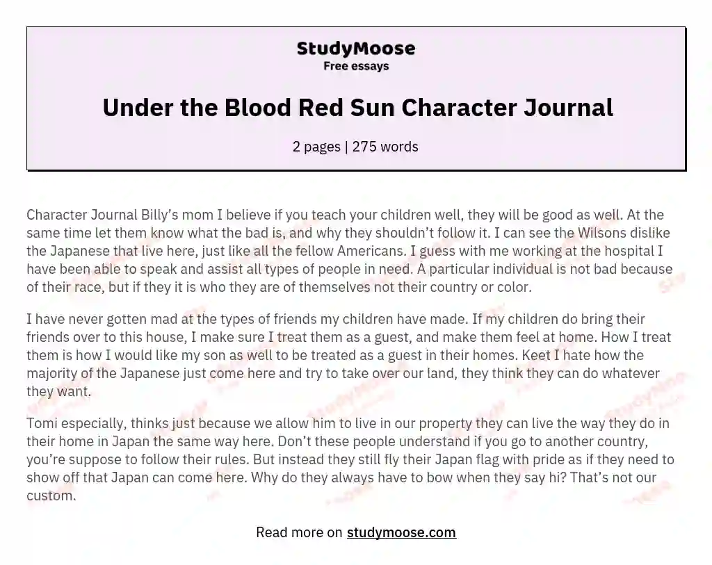 Under the Blood Red Sun Character Journal essay