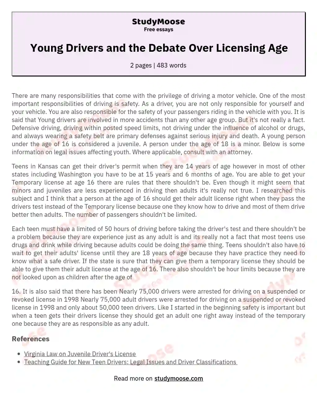 Young Drivers and the Debate Over Licensing Age essay