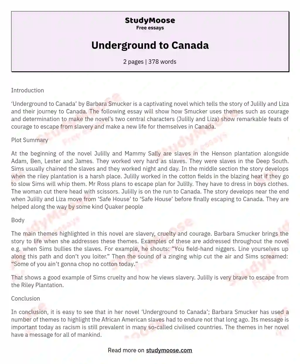 Underground to Canada essay