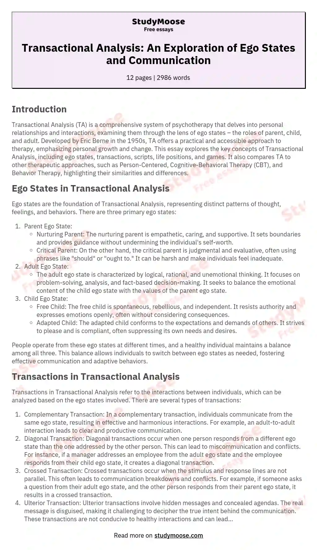 Transactional Analysis: An Exploration of Ego States and Communication essay