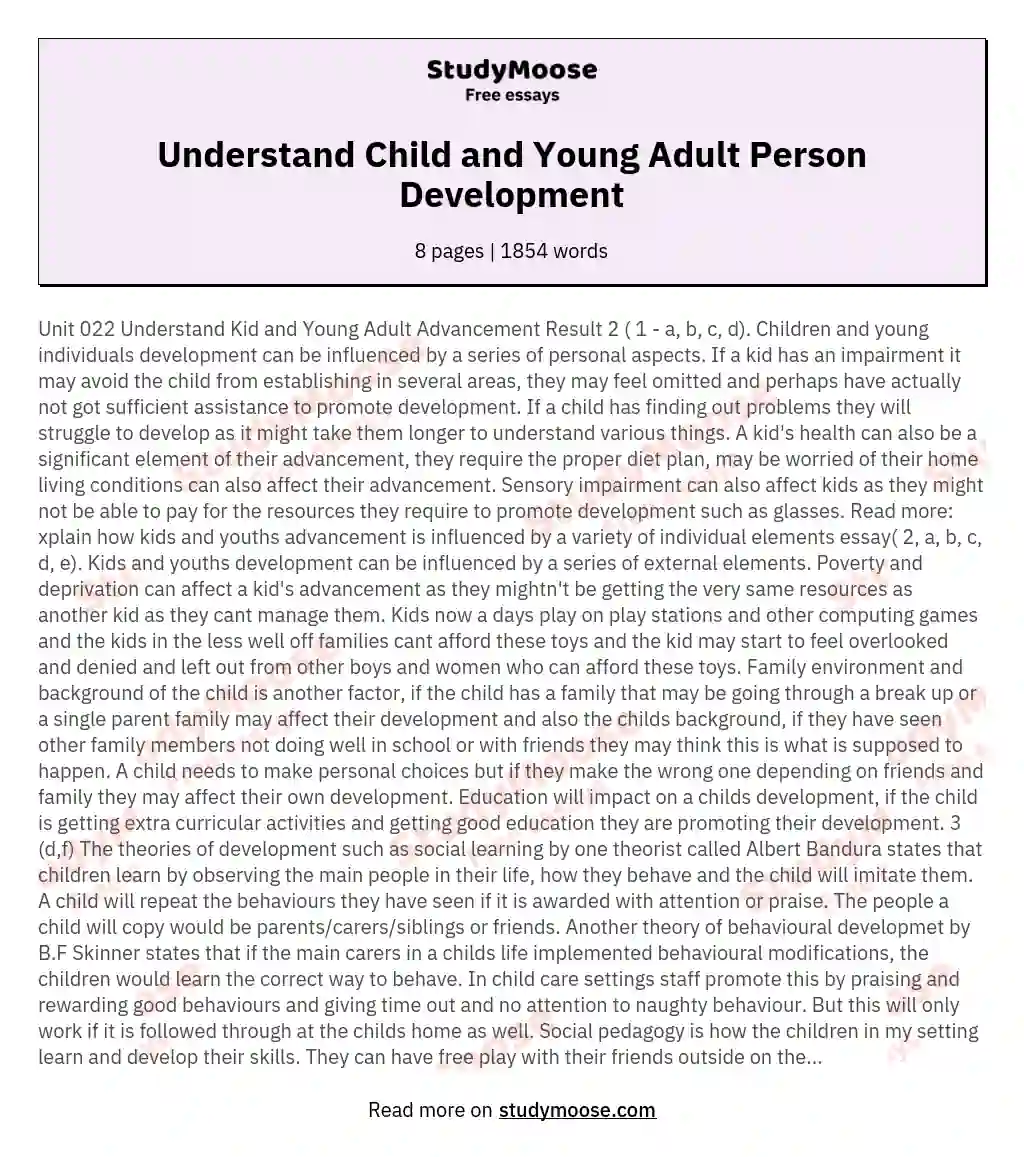 Understand Child and Young Adult Person Development essay