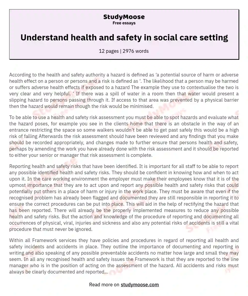Understand health and safety in social care setting essay