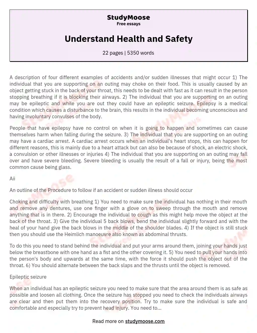 Understand Health and Safety essay