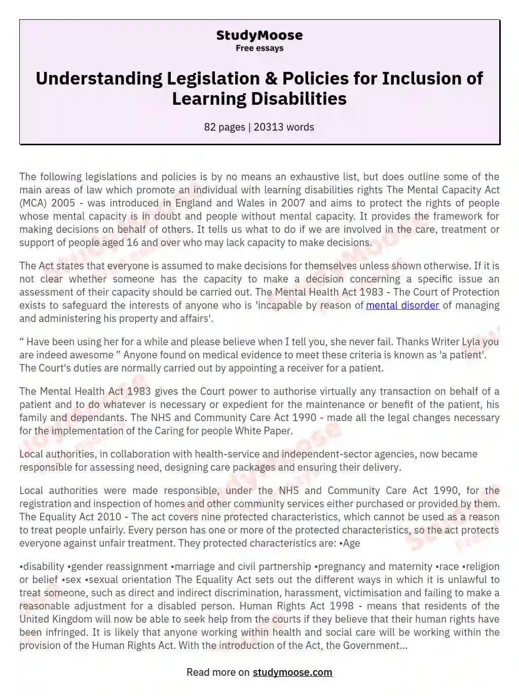 Understanding Legislation & Policies for Inclusion of Learning Disabilities essay