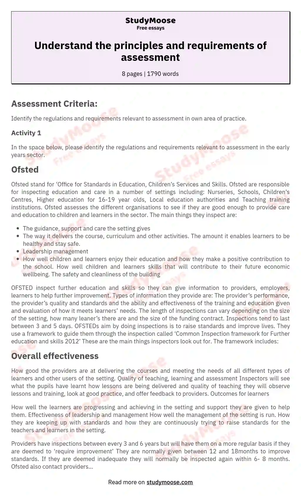 Understand the principles and requirements of assessment essay