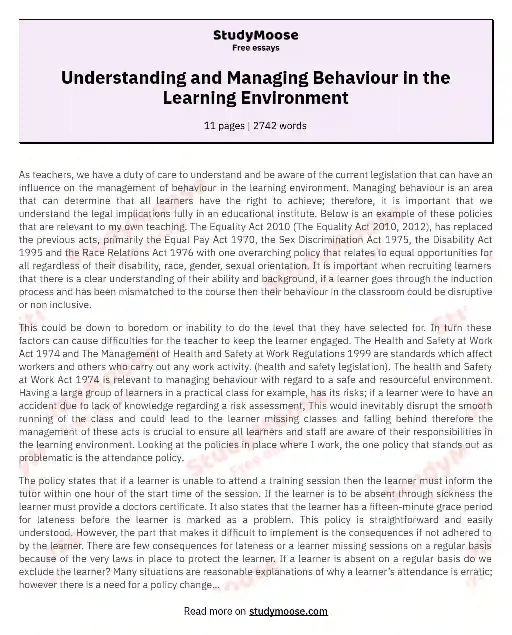 Understanding and Managing Behaviour in the Learning Environment essay