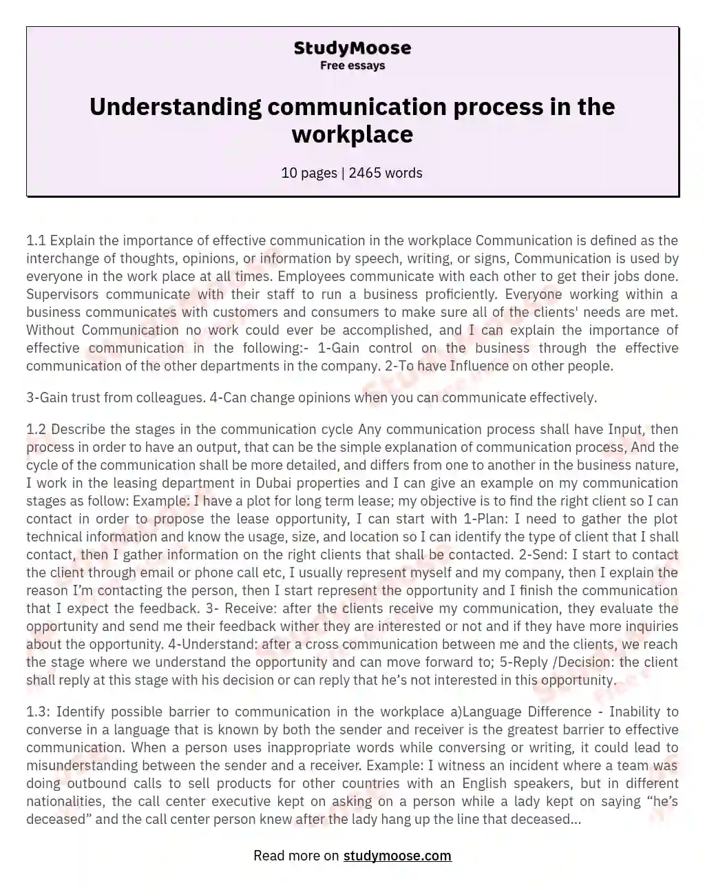 Understanding communication process in the workplace essay