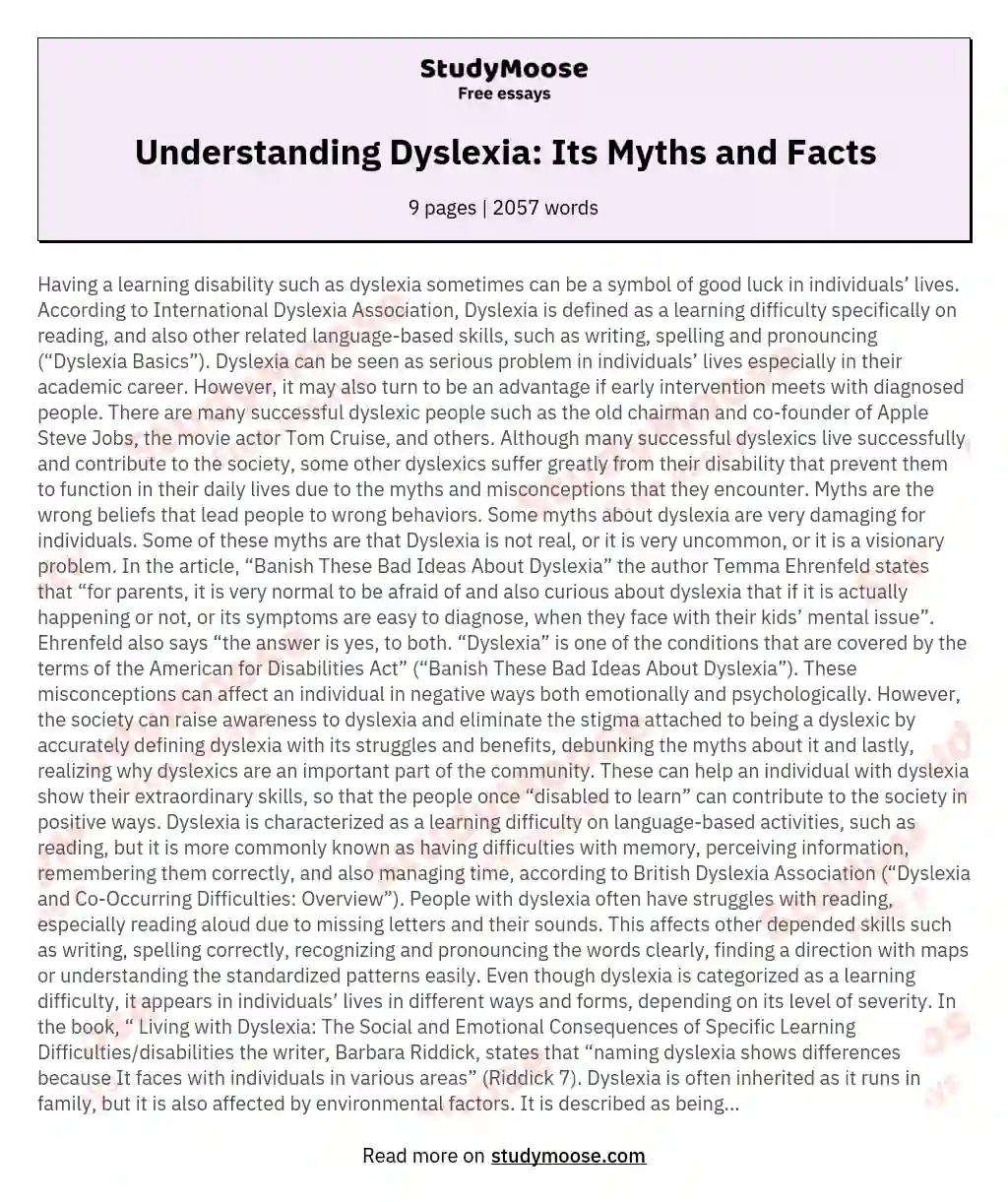 Understanding Dyslexia: Its Myths and Facts