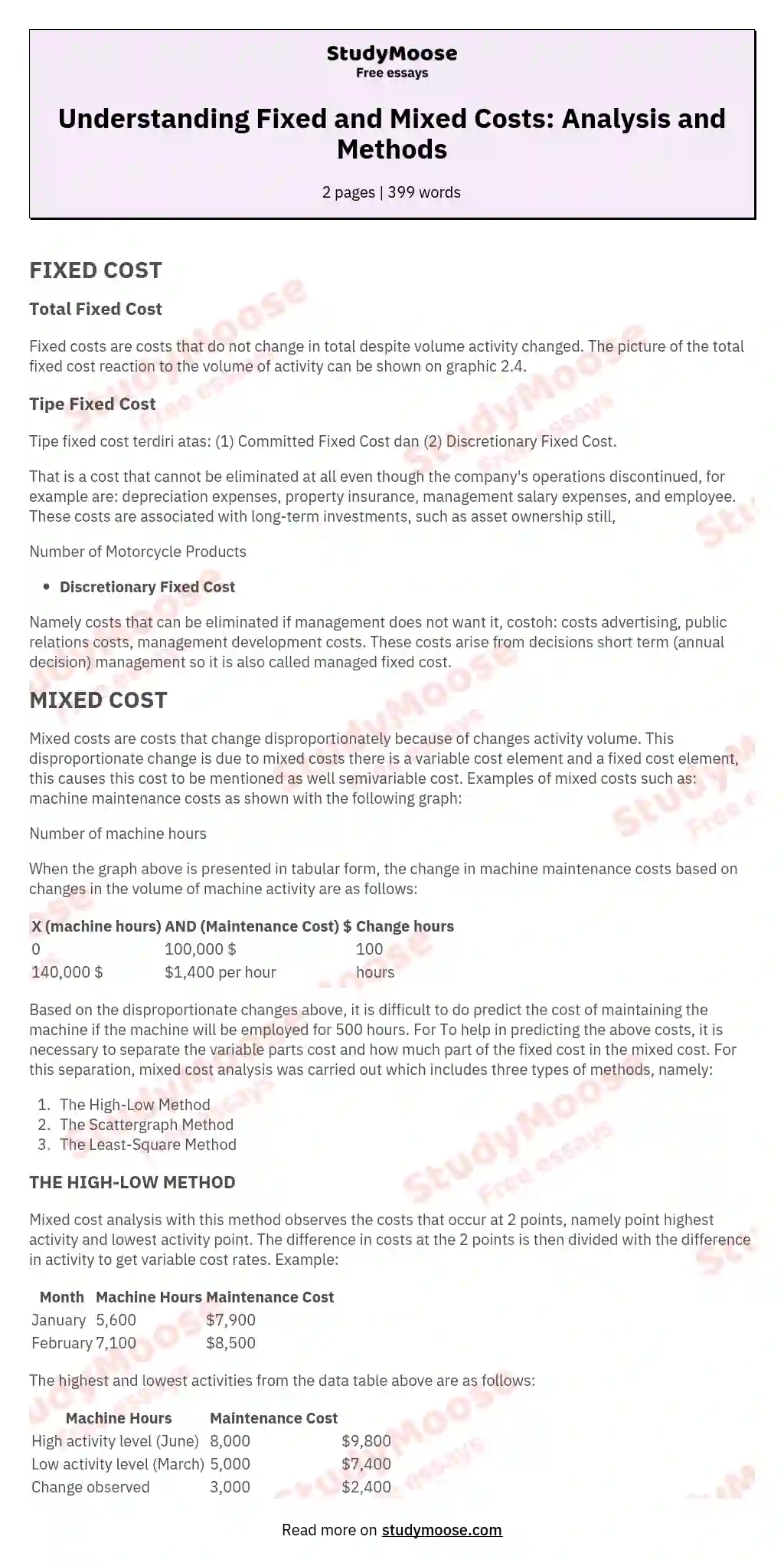 Understanding Fixed and Mixed Costs: Analysis and Methods essay
