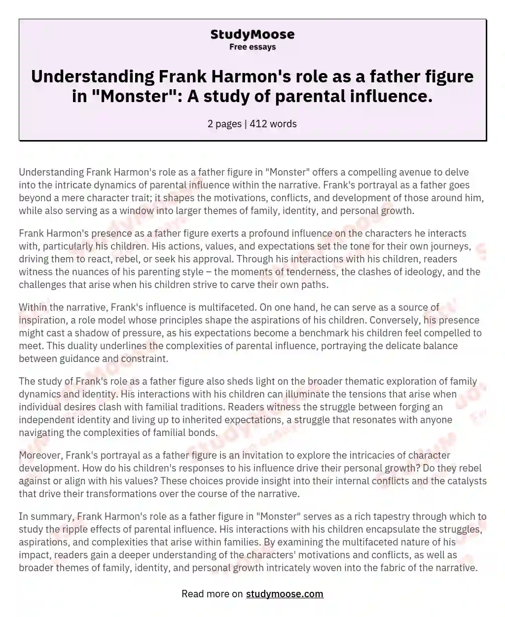 Understanding Frank Harmon's role as a father figure in "Monster": A study of parental influence. essay