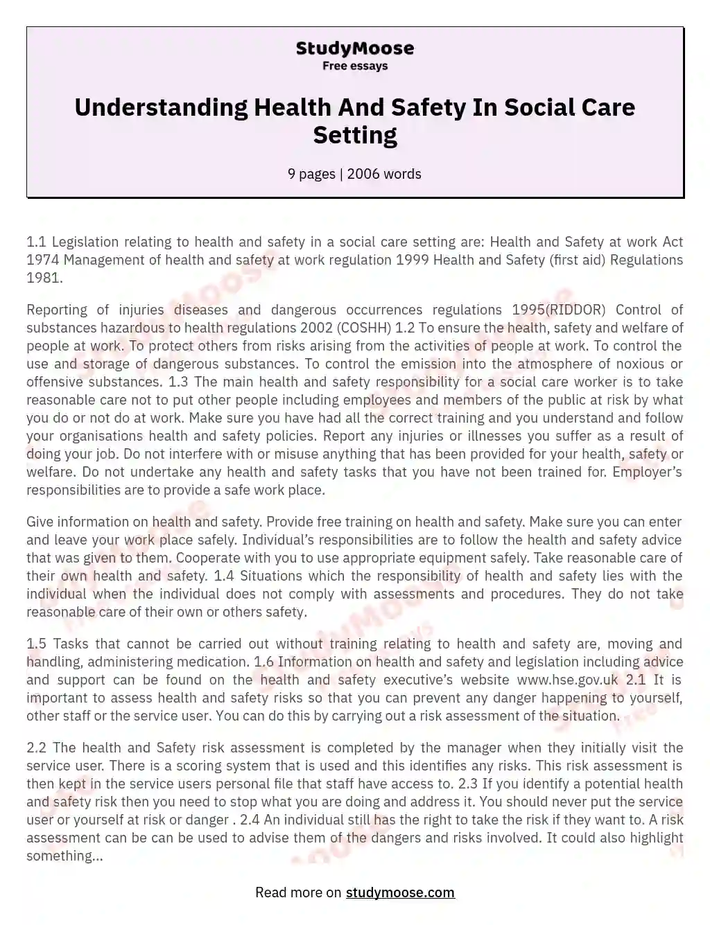Understanding Health And Safety In Social Care Setting