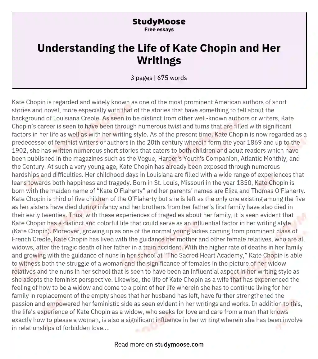 Understanding the Life of Kate Chopin and Her Writings essay