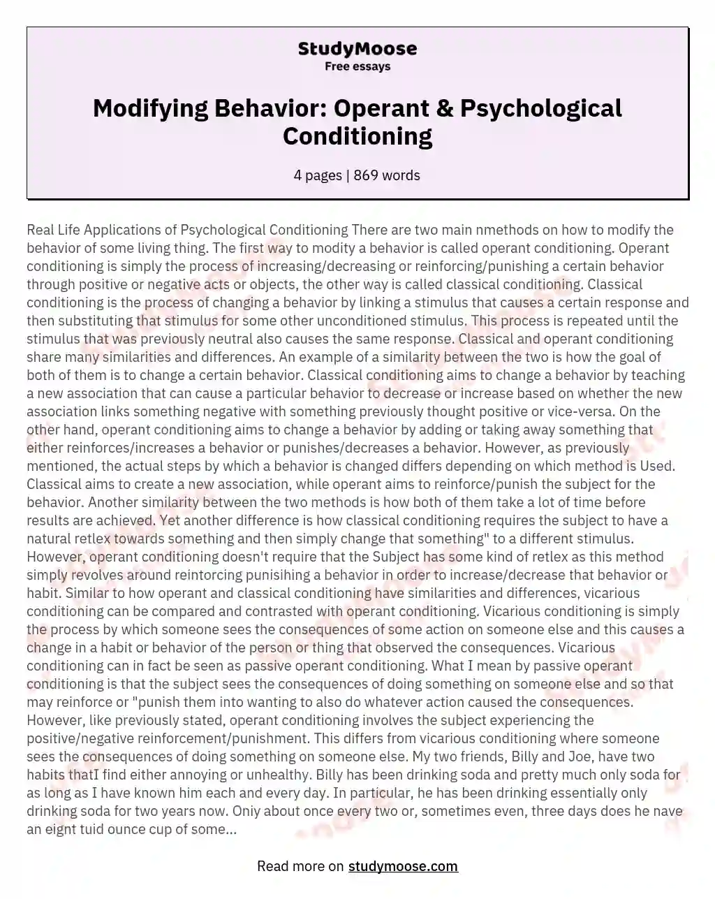 Modifying Behavior: Operant & Psychological Conditioning essay