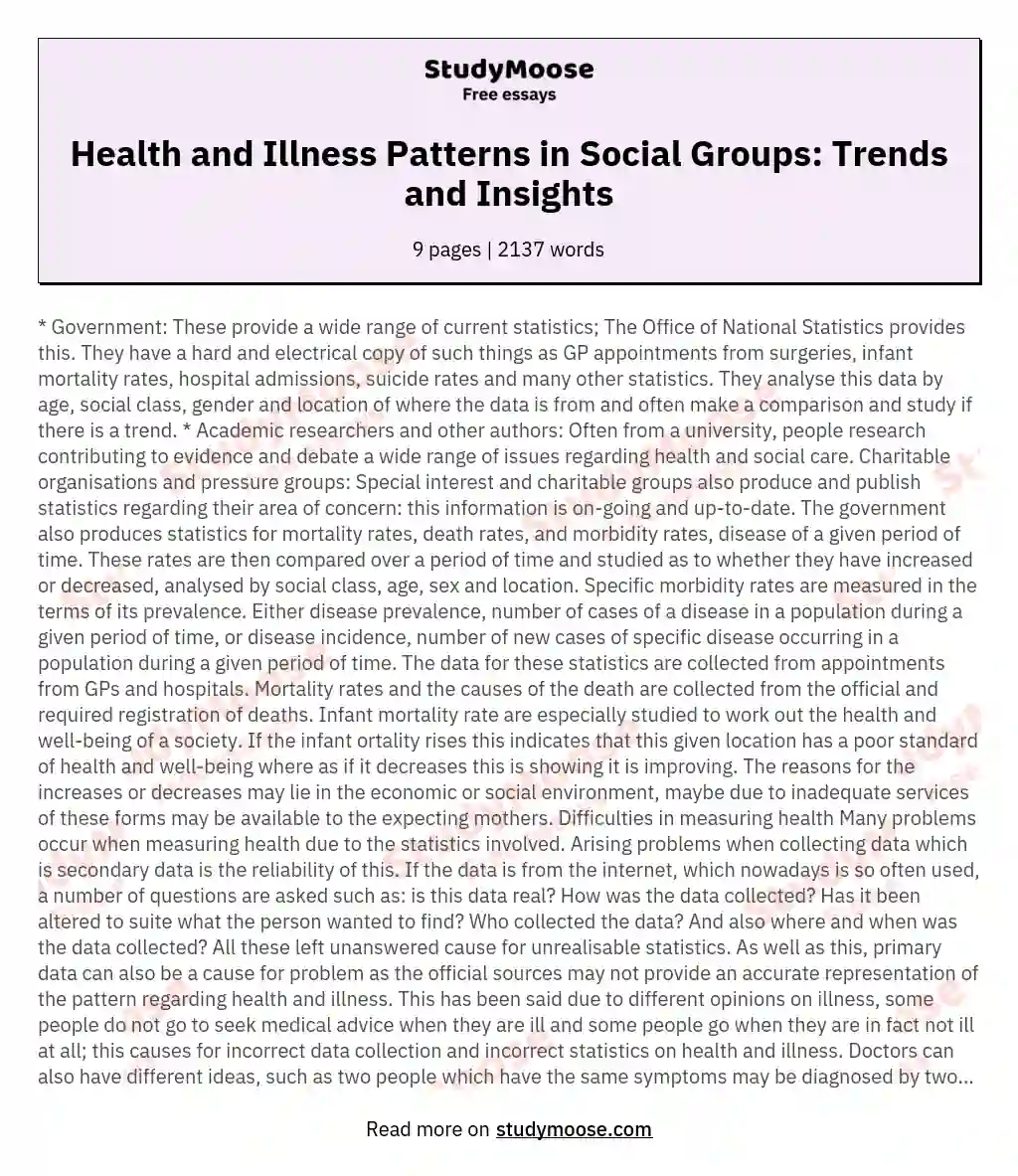 Health and Illness Patterns in Social Groups: Trends and Insights essay