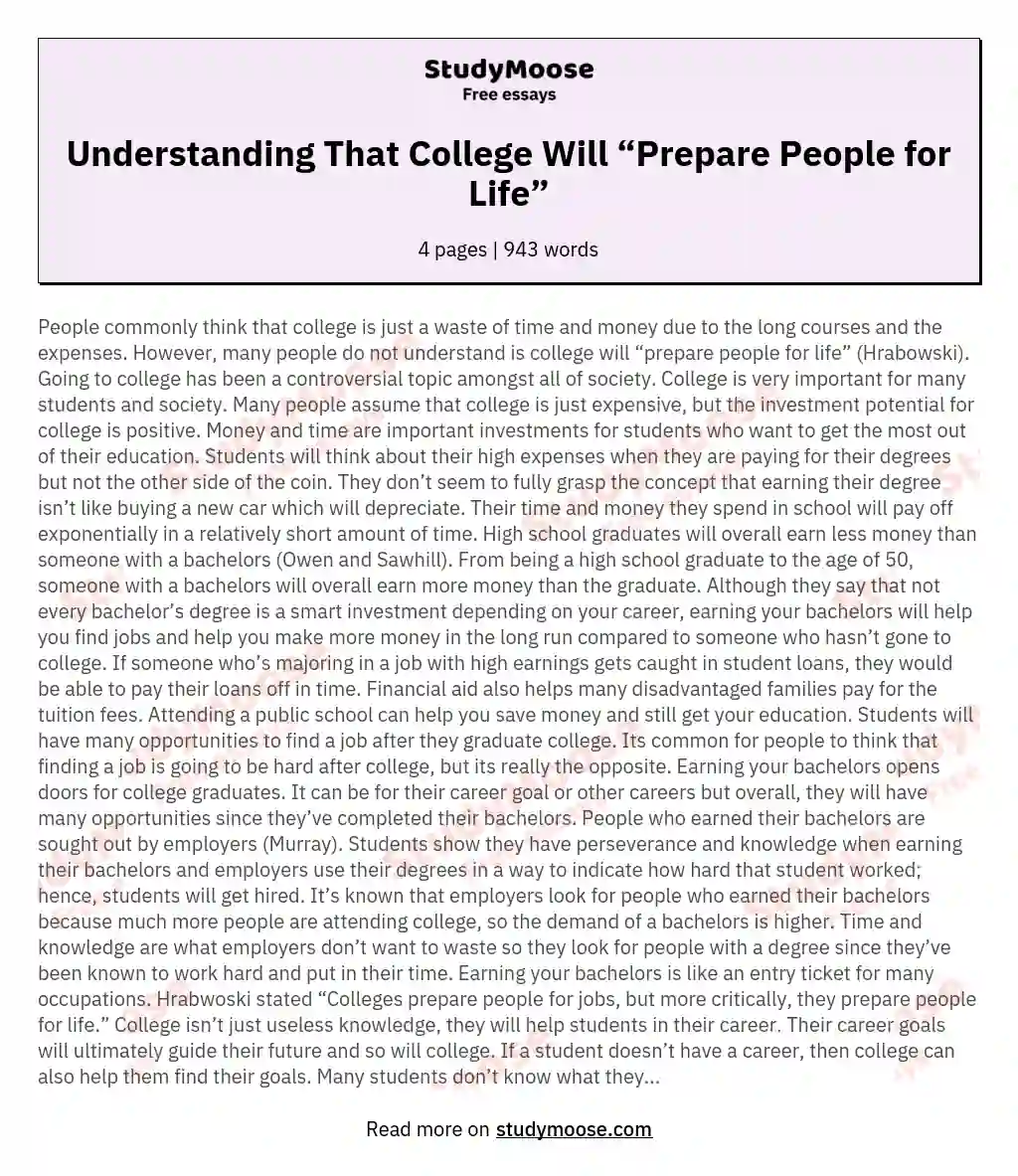 Understanding That College Will “Prepare People for Life” essay