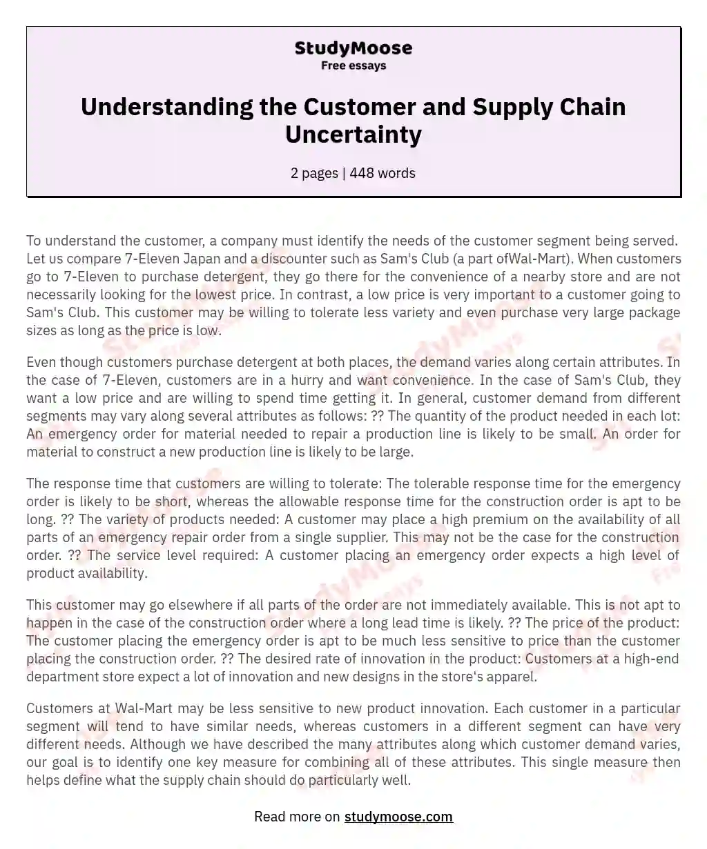 Understanding the Customer and Supply Chain Uncertainty essay