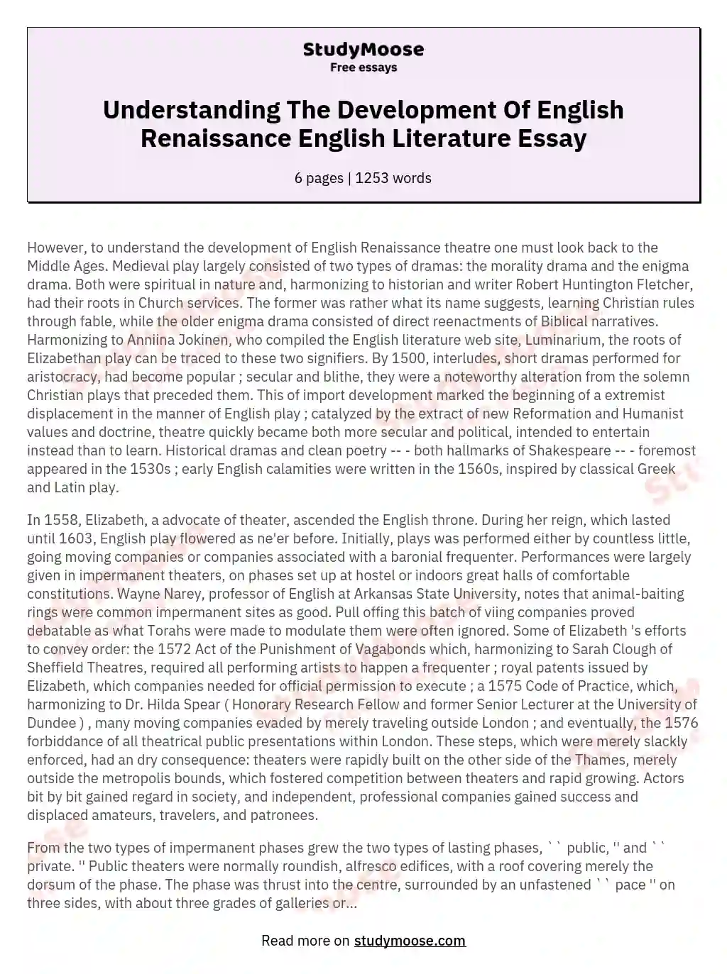 Understanding The Development Of English Renaissance English Literature Essay