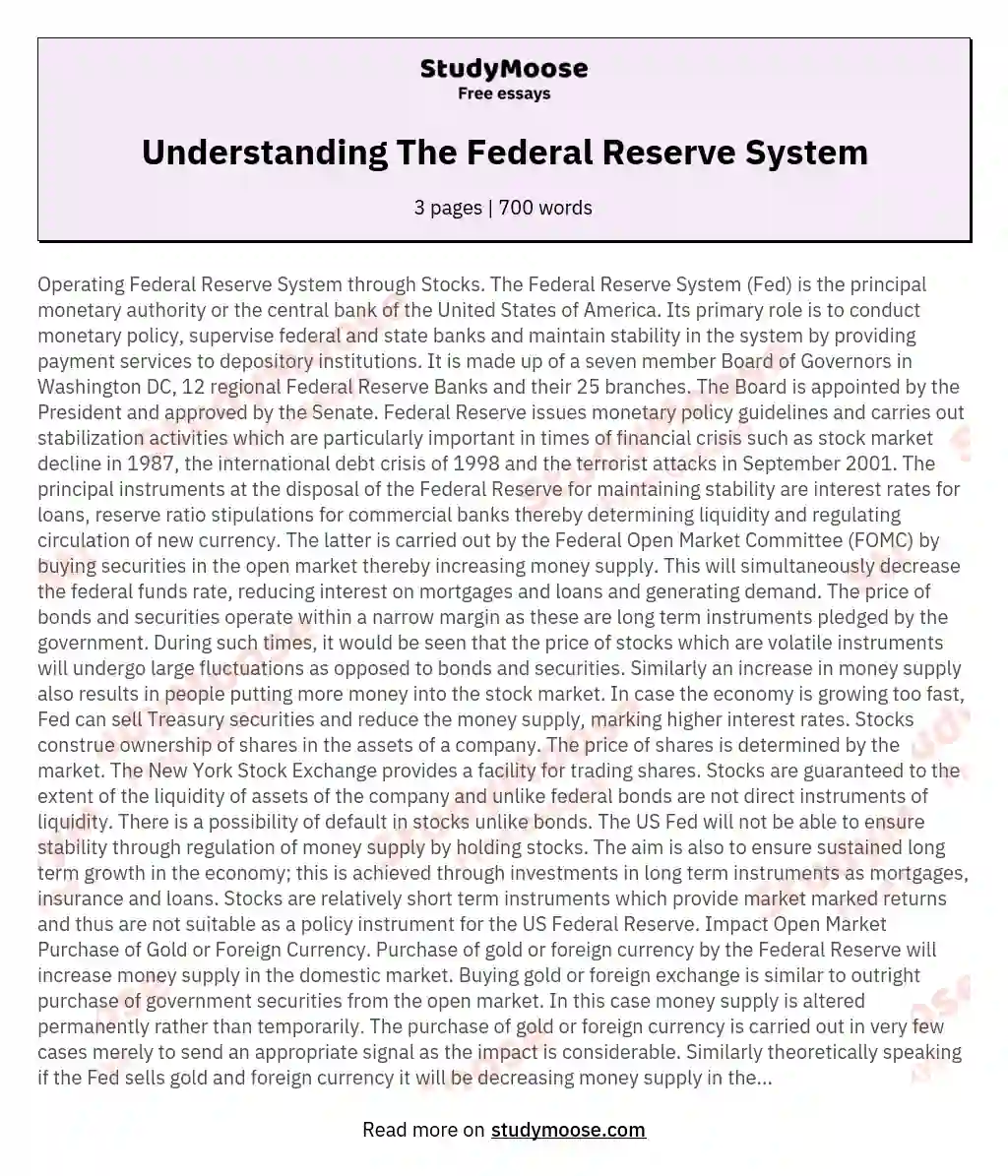 Understanding The Federal Reserve System essay