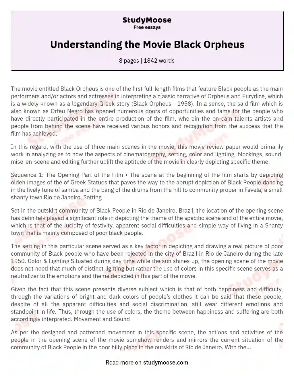 Understanding the Movie Black Orpheus essay