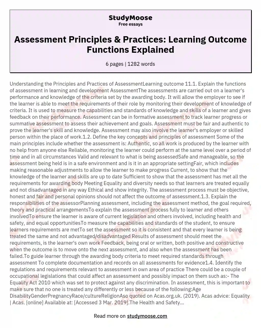 Assessment Principles & Practices: Learning Outcome  Functions Explained essay