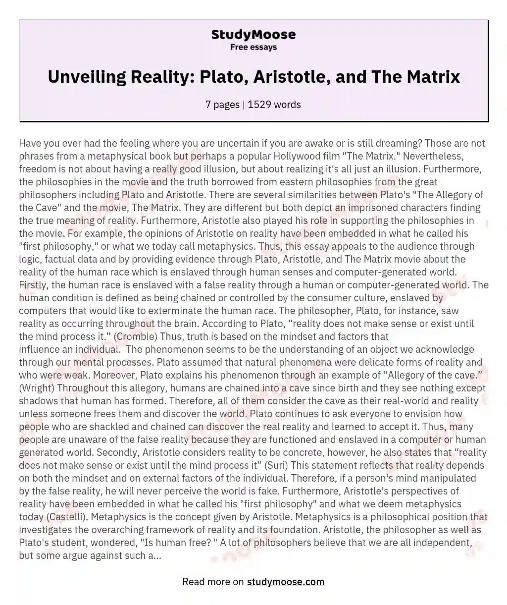 Unveiling Reality: Plato, Aristotle, and The Matrix essay