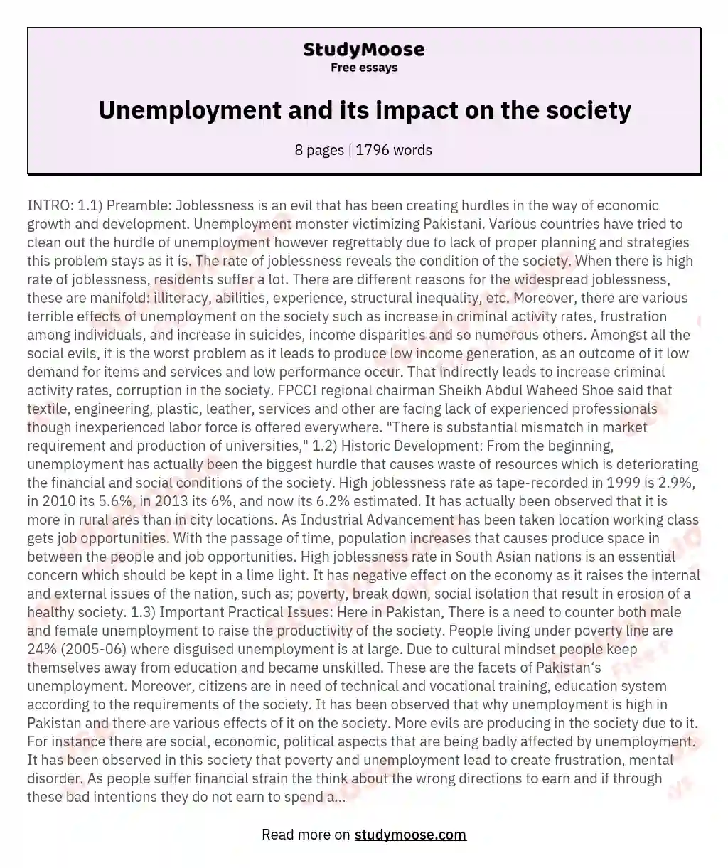 long essay on unemployment problem