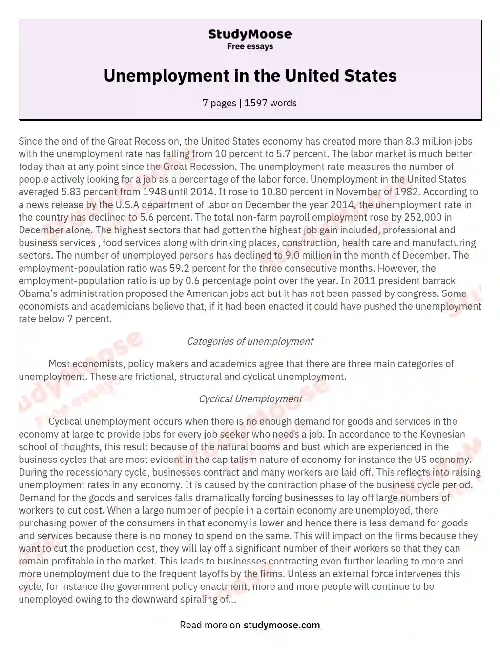 Unemployment in the United States essay