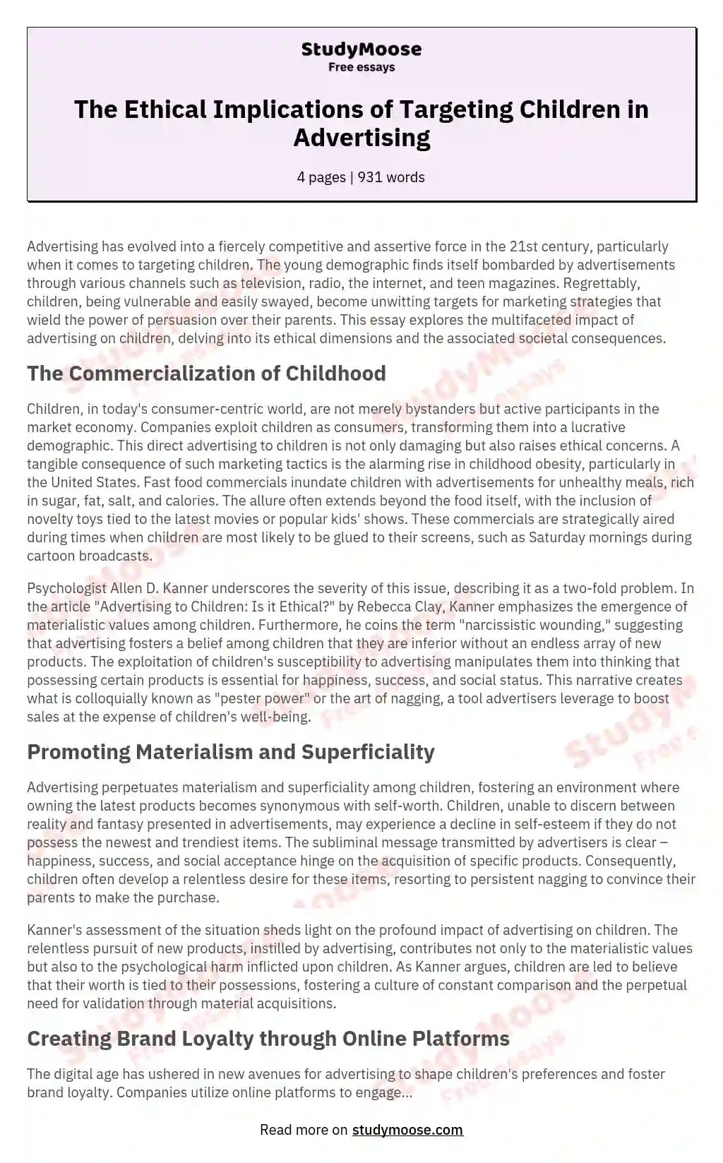The Ethical Implications of Targeting Children in Advertising essay