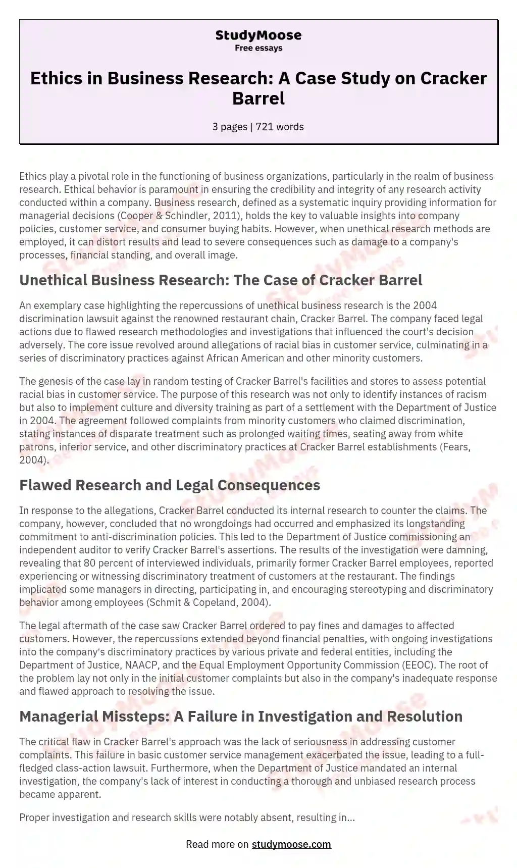 Ethics in Business Research: A Case Study on Cracker Barrel essay