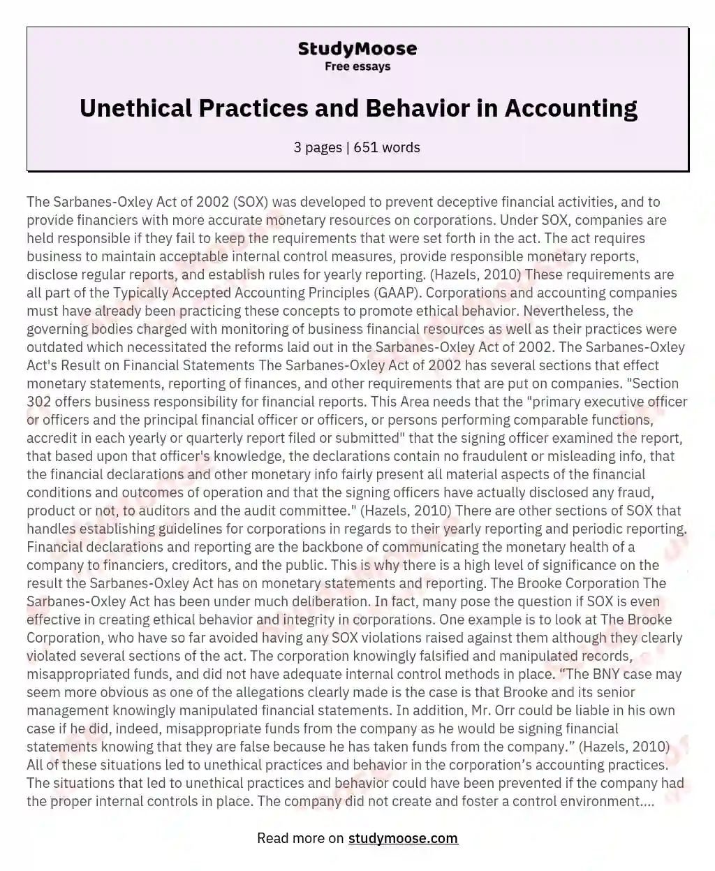 Unethical Practices and Behavior in Accounting essay