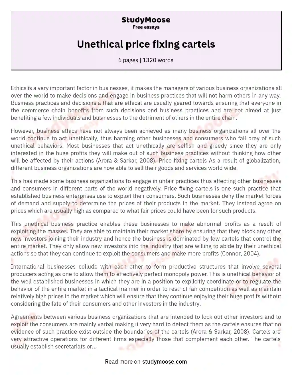 Unethical price fixing cartels essay