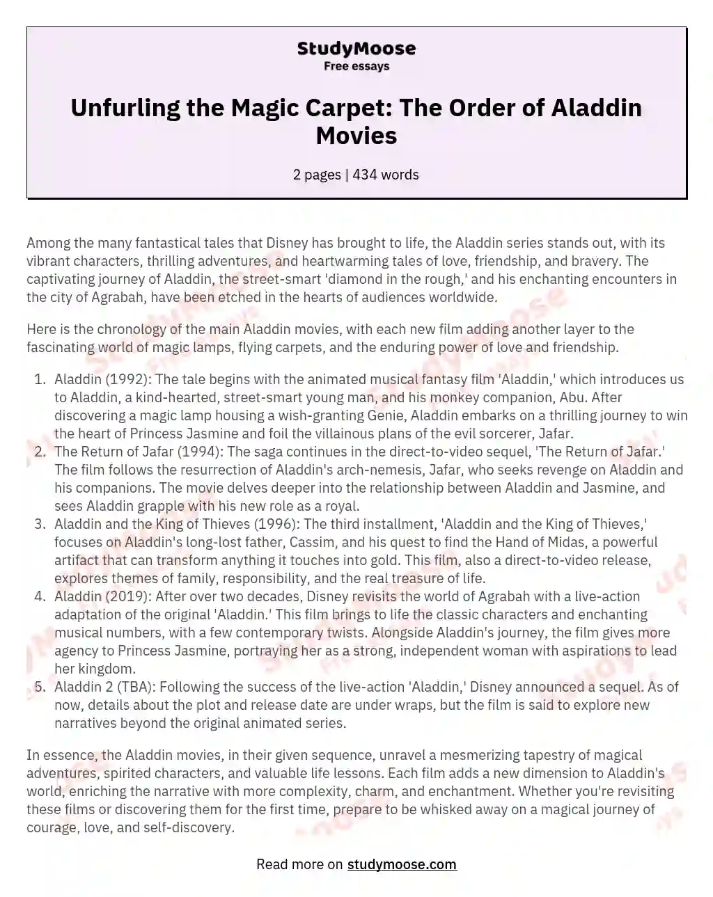 Unfurling the Magic Carpet: The Order of Aladdin Movies essay