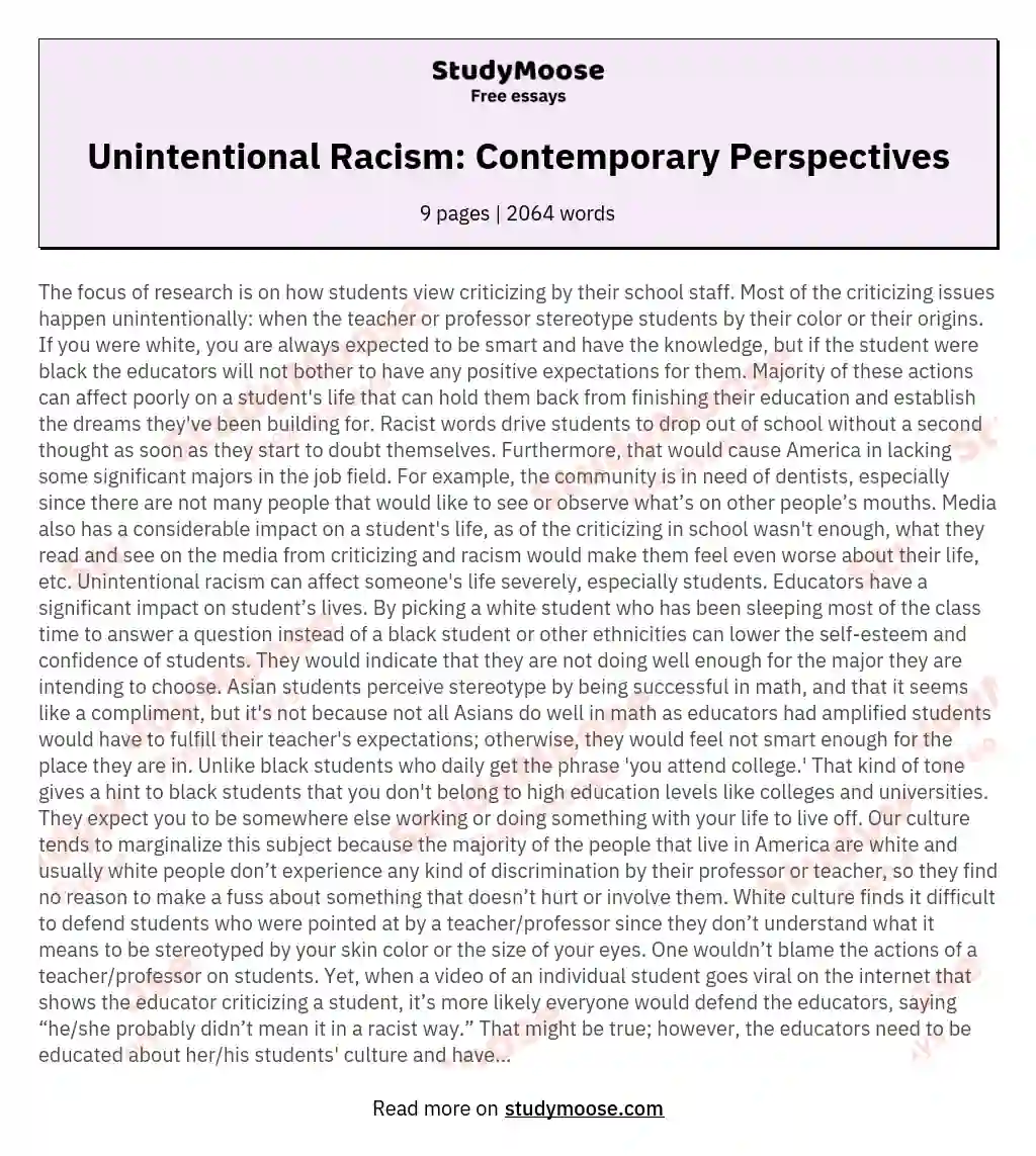 Unintentional Racism: Contemporary Perspectives essay