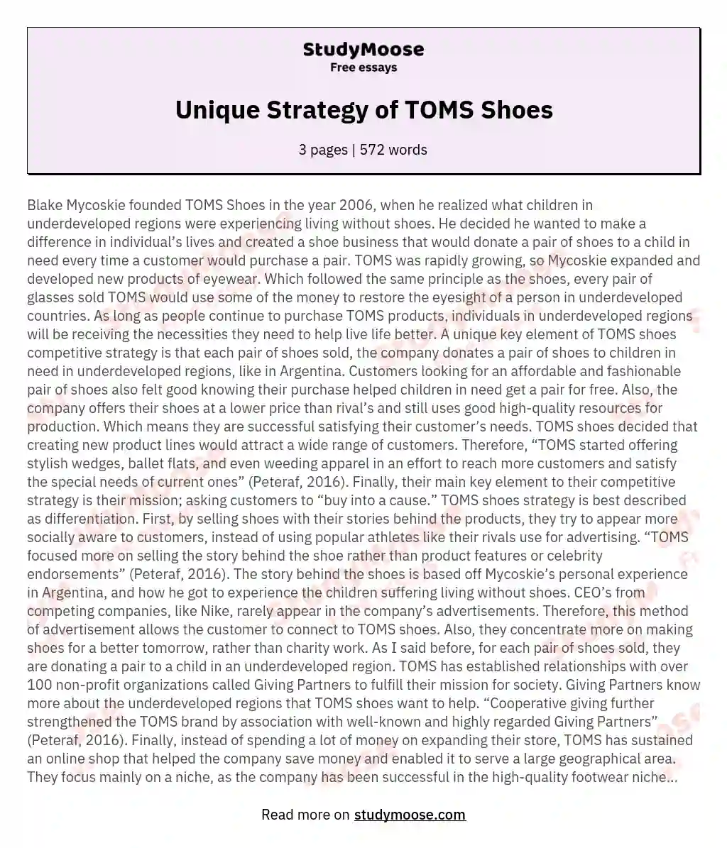 Unique Strategy of TOMS Shoes essay