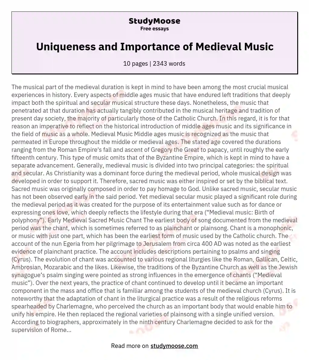 Uniqueness and Importance of Medieval Music essay