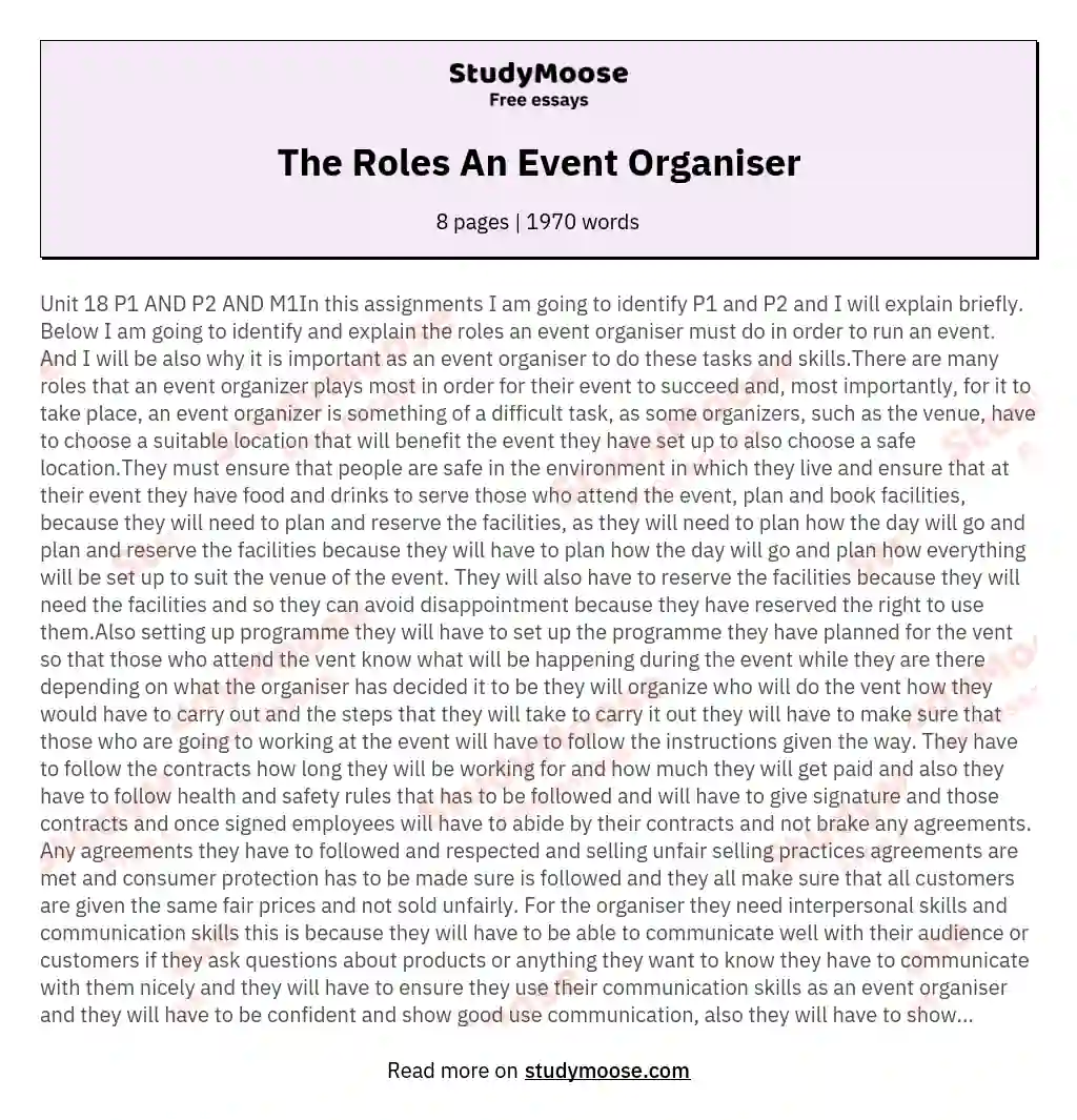 The Roles An Event Organiser essay