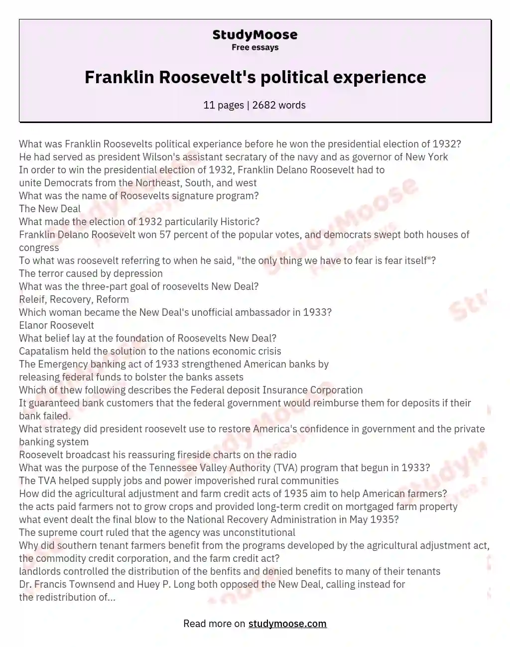 Franklin Roosevelt's political experience essay