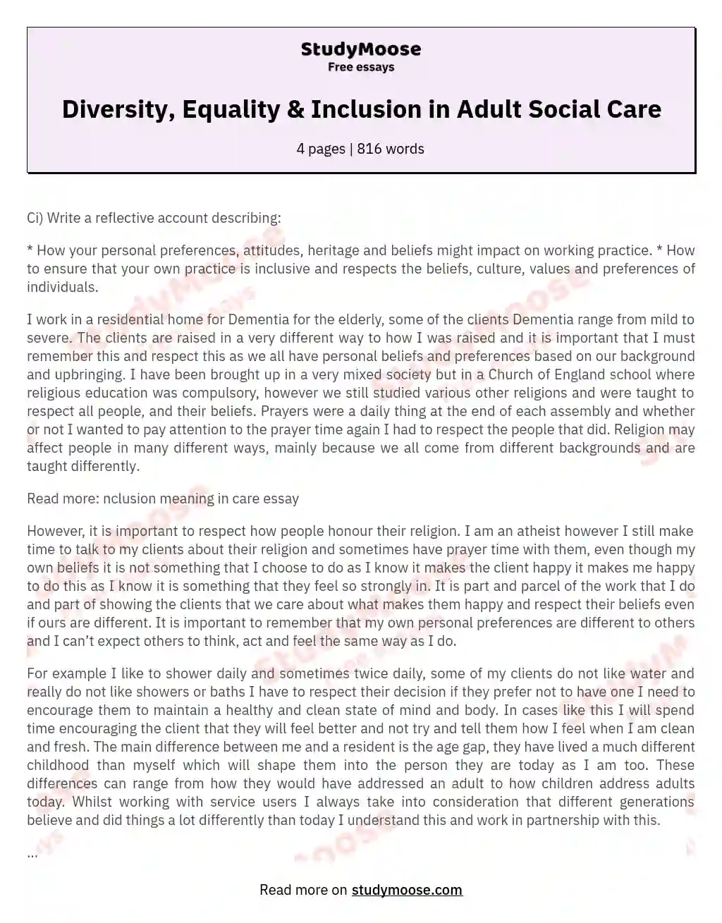 Diversity, Equality & Inclusion in Adult Social Care essay