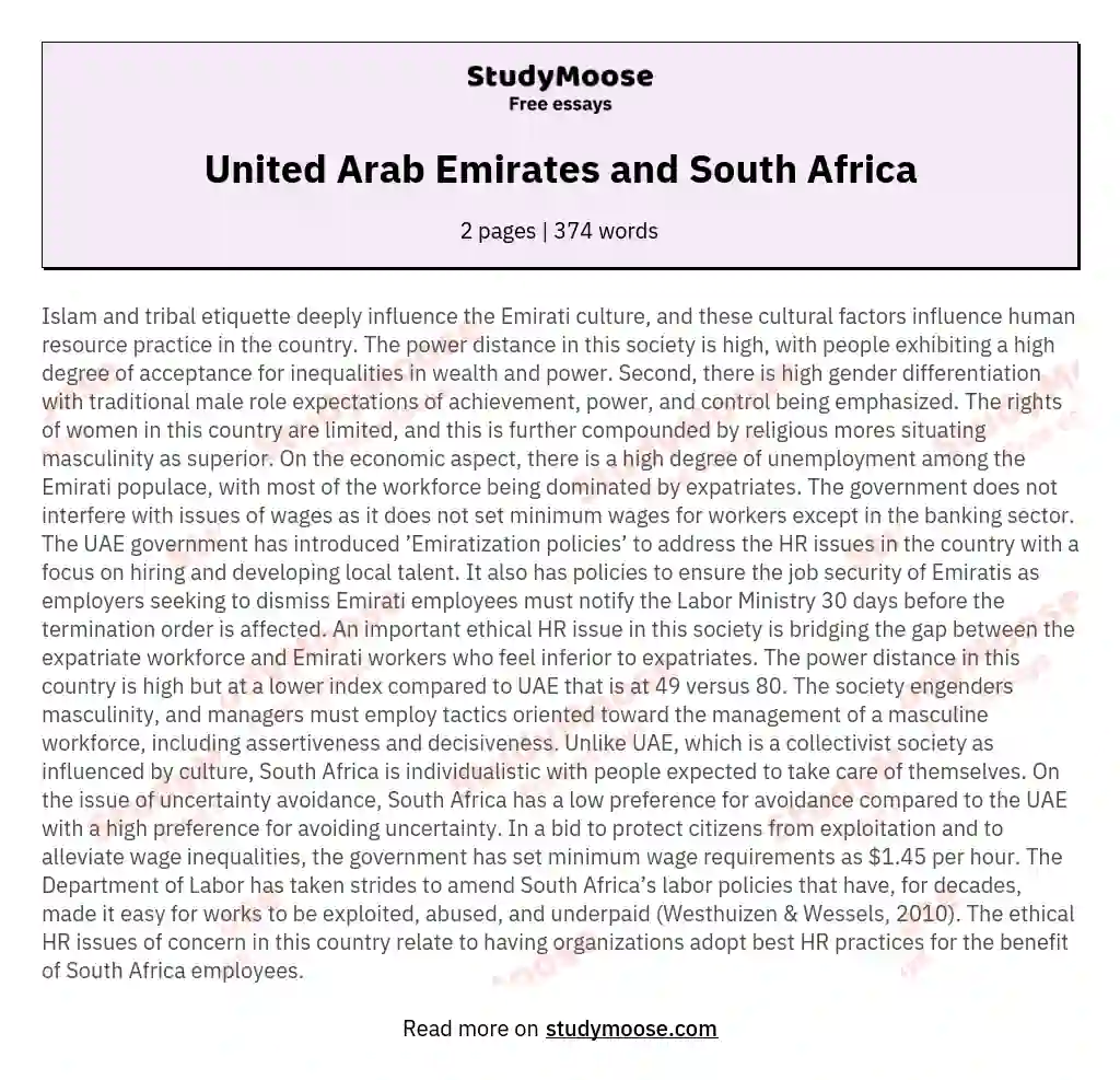 United Arab Emirates and South Africa essay