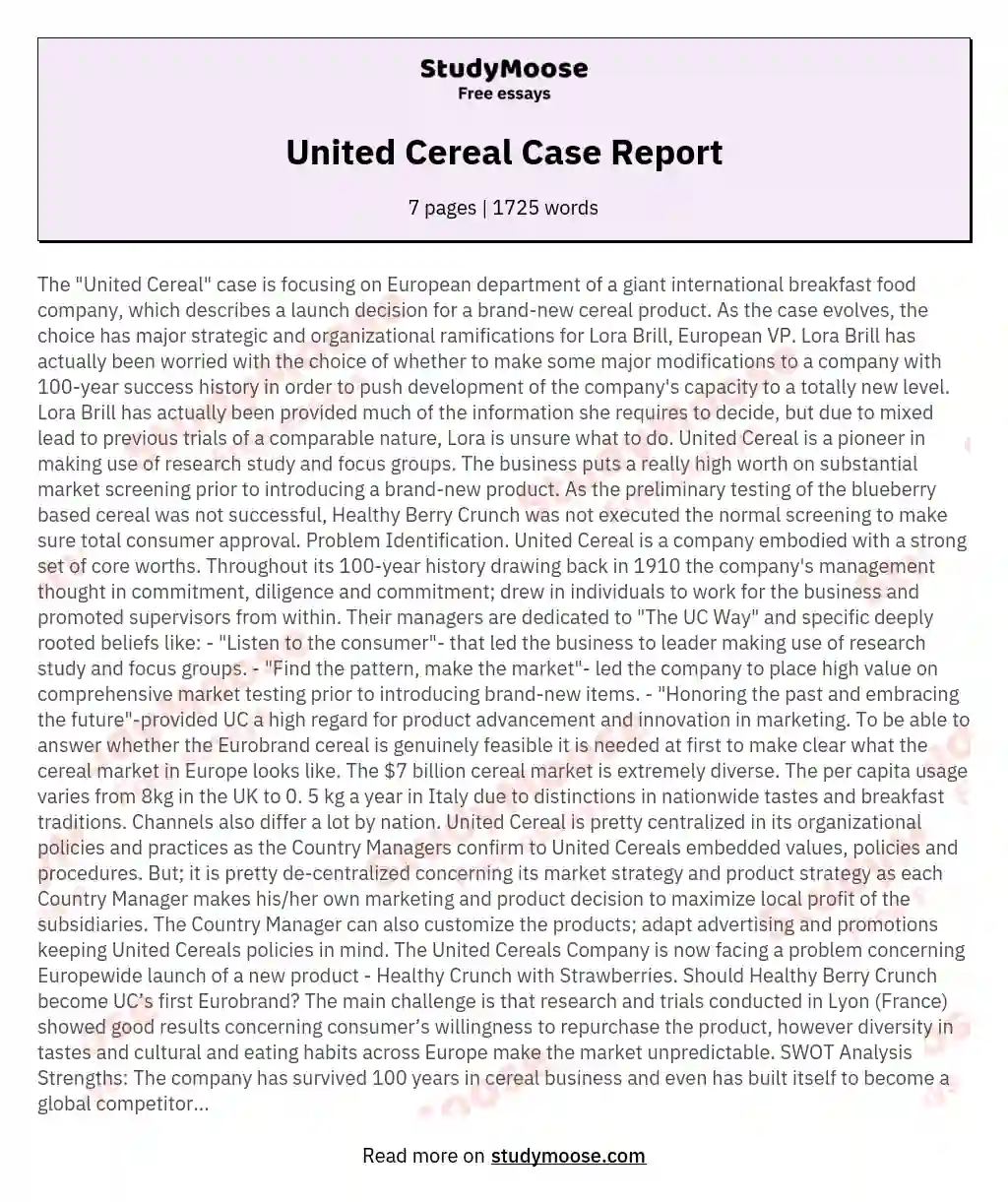 United Cereal Case Report