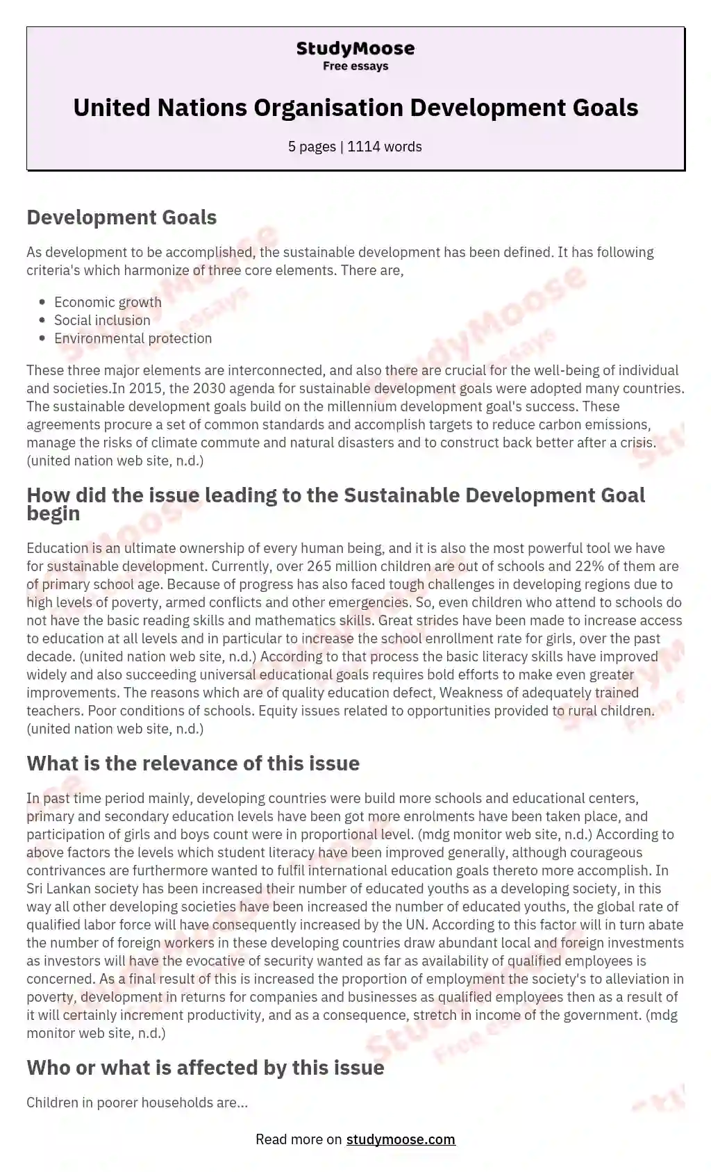 United Nations Organisation Development Goals essay
