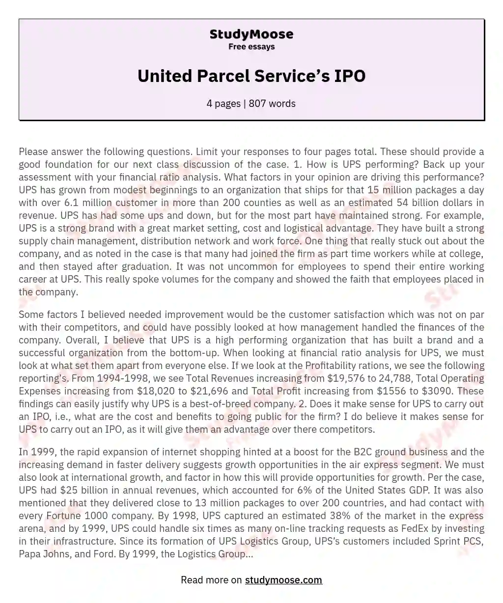 United Parcel Service’s IPO essay