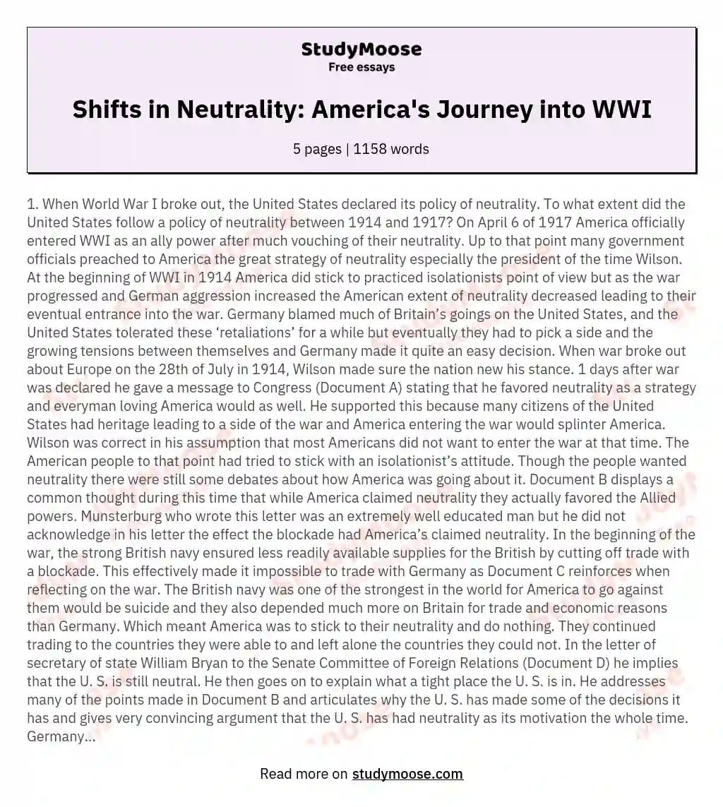 Shifts in Neutrality: America's Journey into WWI essay