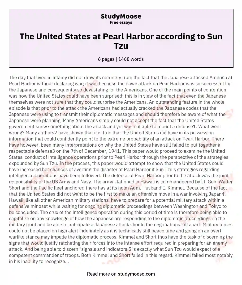 The United States at Pearl Harbor according to Sun Tzu