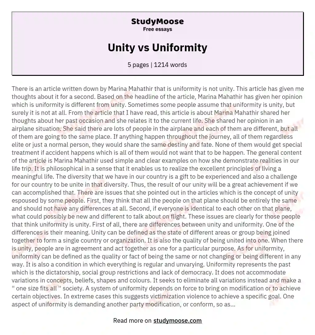 Unity vs Uniformity essay