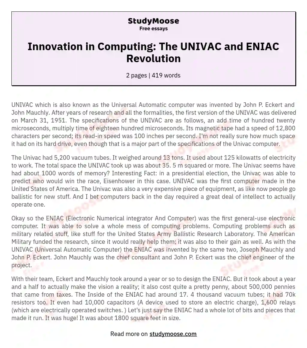 Innovation in Computing: The UNIVAC and ENIAC Revolution essay